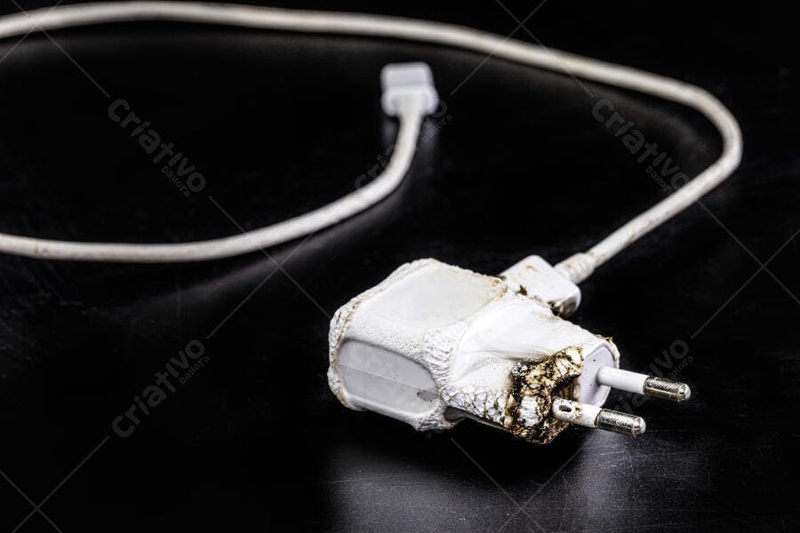 Plugue elétrico branco derretido e queimado com cabo danificado risco