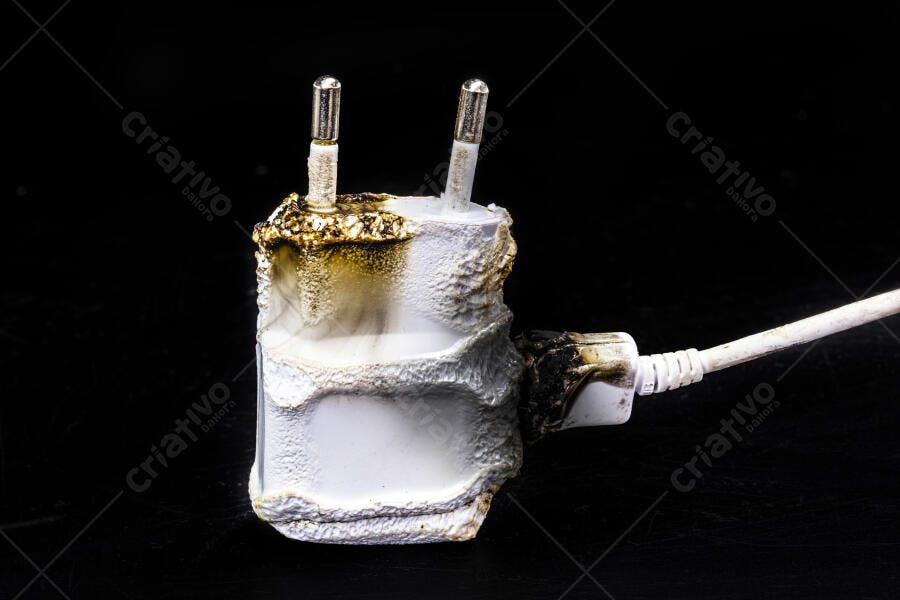 Adaptador de tomada branco derretido e queimado com pinos prateados em fundo preto