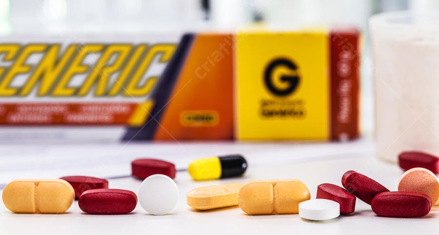 Pílulas e cápsulas genéricas de cores variadas em mesa branca com caixa de medicamento
