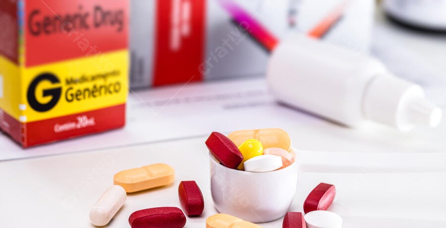Medicamentos genéricos pílulas coloridas e caixa de remédio no balcão branco