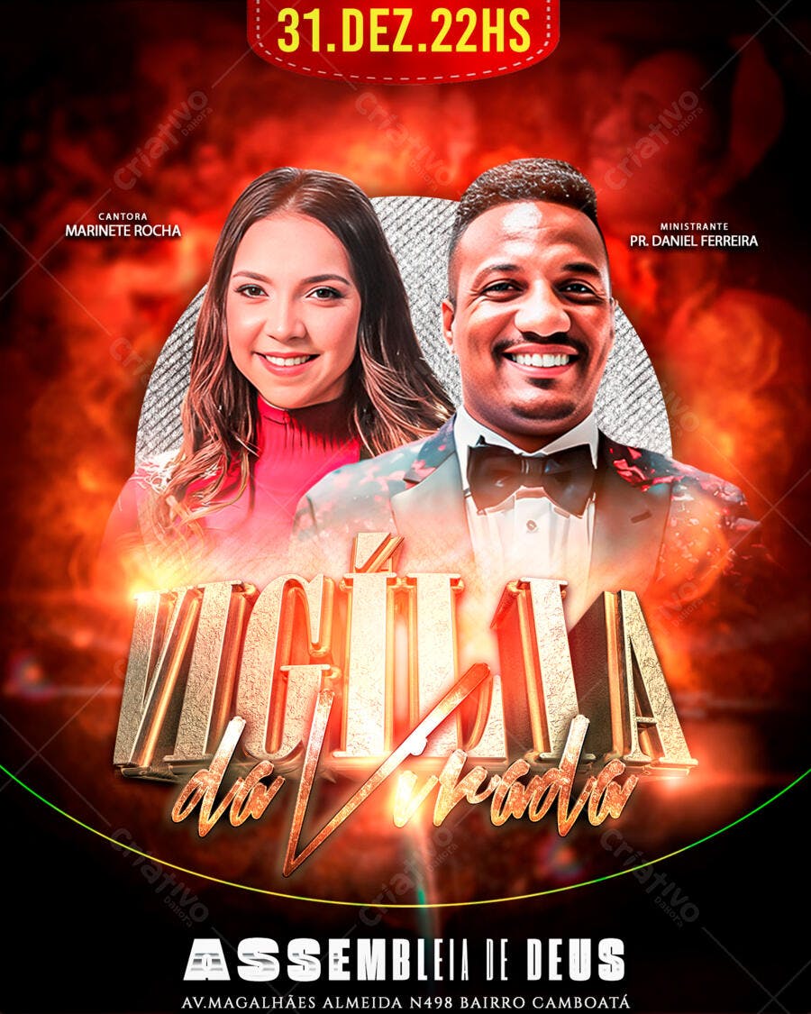 Flyer Vigília da Virada Evangélica com Cantora e Pastor PSD Editável