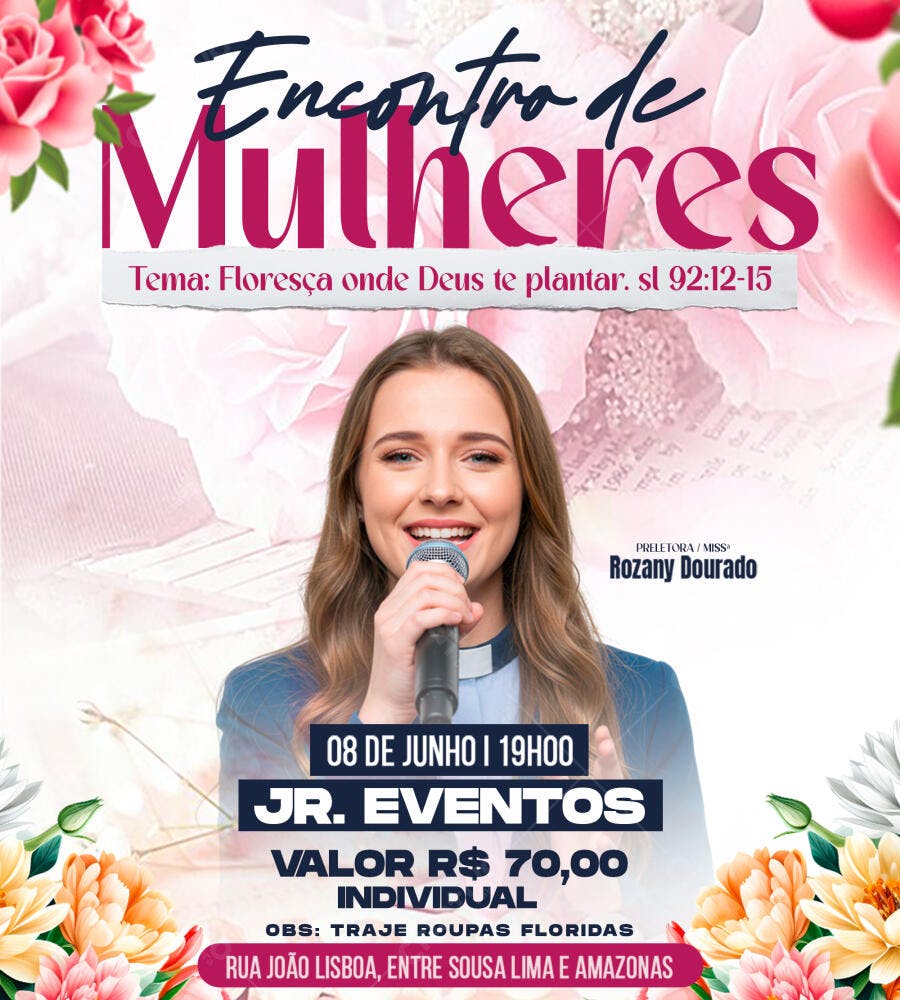Flyer Encontro de Mulheres Floral Cristão PSD Editável