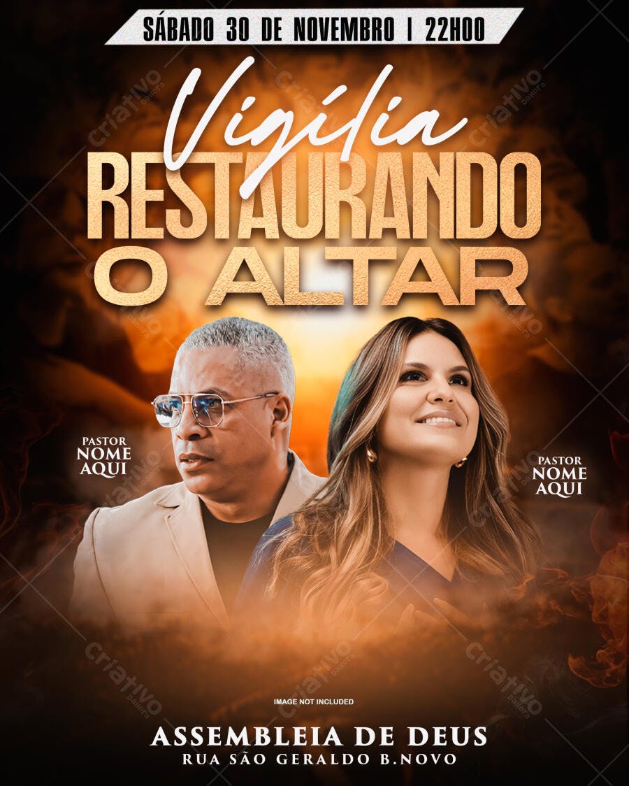 Flyer Evento Cristão Vigília Restaurando o Altar com Pastores PSD Editável