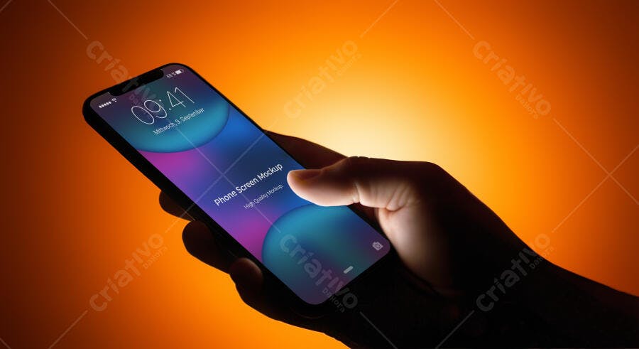 Mockup Realista de Smartphone Moderno com Tela Brilhante em Mão e Fundo Laranja Vibrante