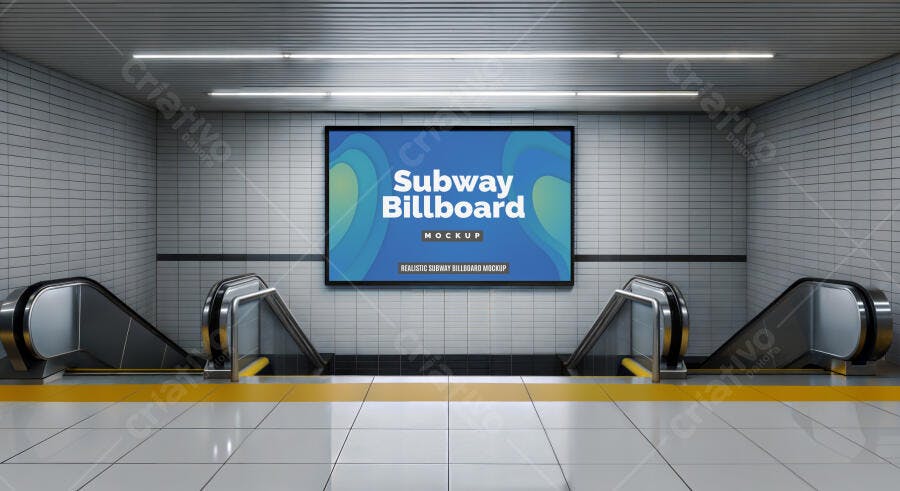 Mockup Painel Digital de Metrô Urbano com Escadas Rolantes, Azulejos e Iluminação