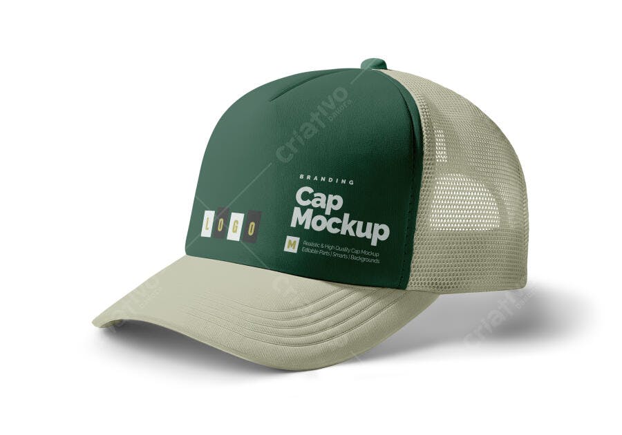 Mockup Realista de Boné Trucker Verde Escuro e Bege com Tela Lateral para Branding