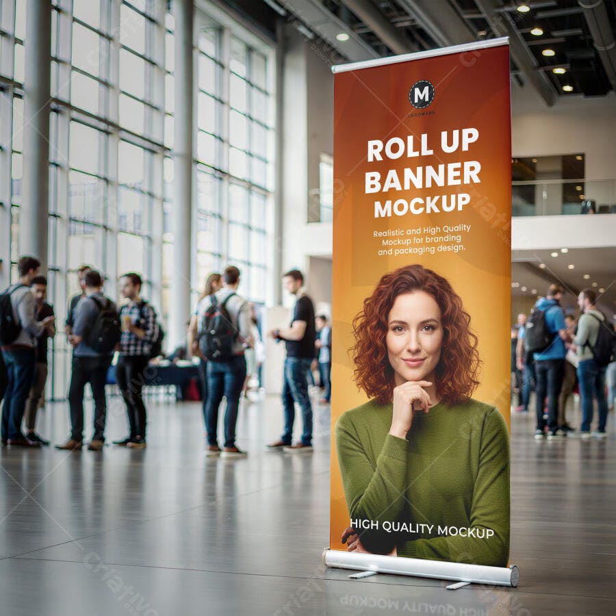 Mockup Roll Up Banner Moderno em Centro de Eventos com Pessoas e Mulher Ruiva