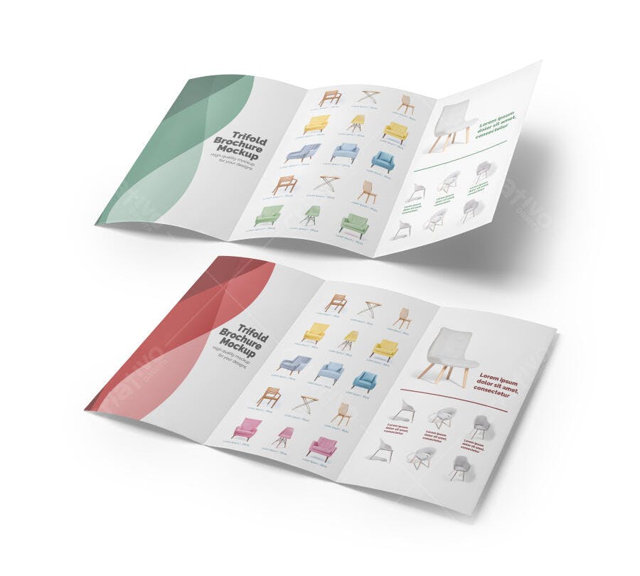 Mockup Brochura Trifold Dupla com Catálogo de Móveis Verde e Vermelho em Estúdio