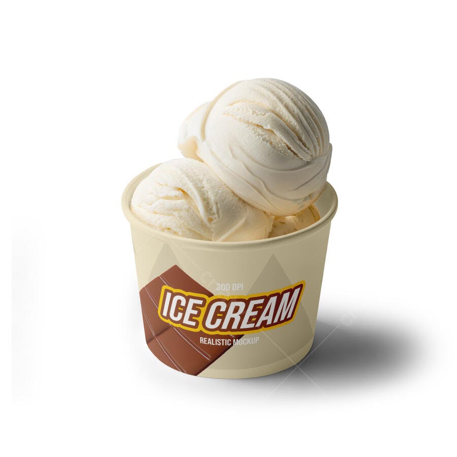 Mockup Realista de Copo de Sorvete com Duas Bolas de Creme Embalagem Branco e Marrom