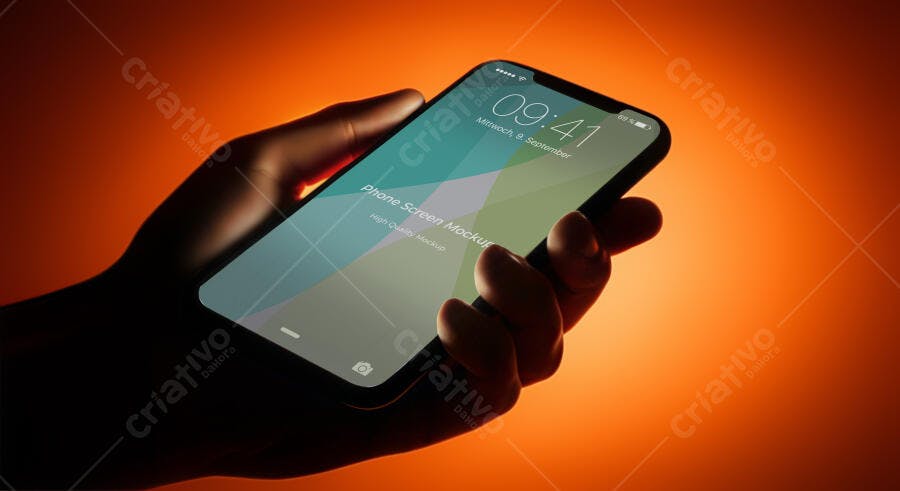 Mockup Realista de Tela de Smartphone Preto com Mão em Fundo Laranja Vibrante