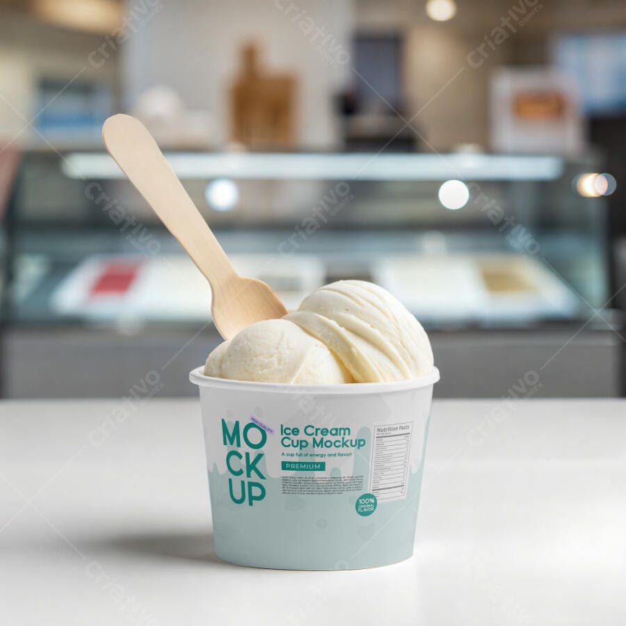 Mockup Realista de Copo de Sorvete com Colher de Madeira em Cenário de Confeitaria