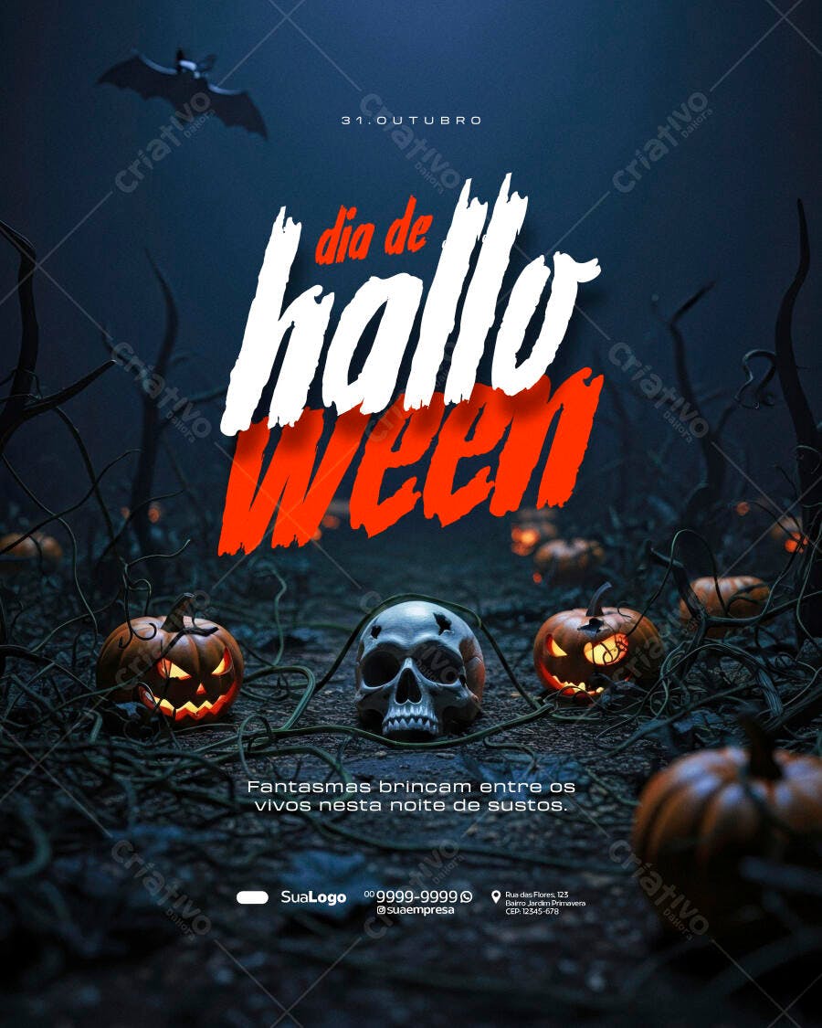 Flyer Noturno Halloween com Abóboras e Caveira PSD Editável