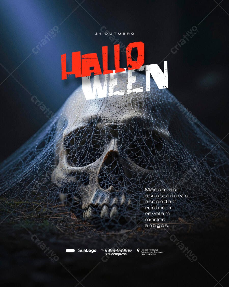Flyer Halloween Crânio Teia de Aranha PSD Editável
