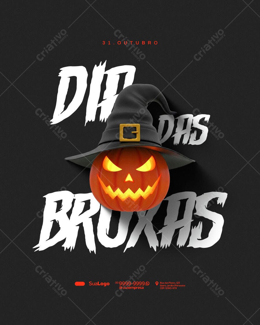 Flyer Dia das Bruxas com Abóbora e Chapéu de Bruxa PSD Editável
