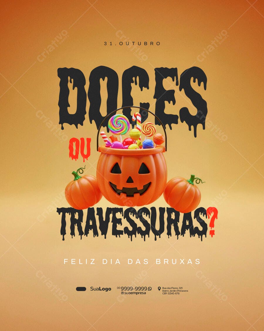 Flyer Halloween Doces ou Travessuras Abóboras PSD Editável