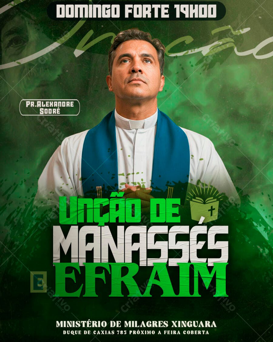 Flyer Culto Domingo Forte Unção Manassés Efraim PSD Editável
