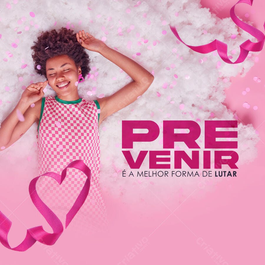 Flyer Rosa Campanha Prevenção Mulher Sorridente PSD Editável