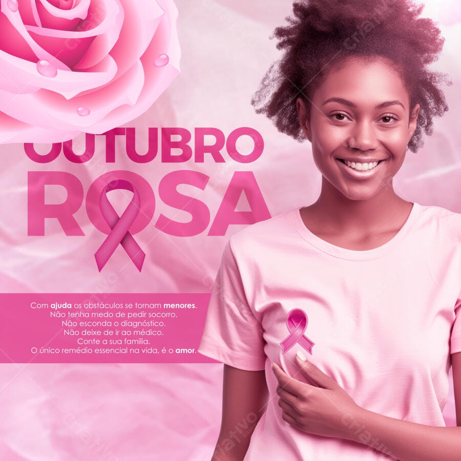 Post Redes Sociais para Outubro Rosa Mulher Negra Sorrindo PSD Editável