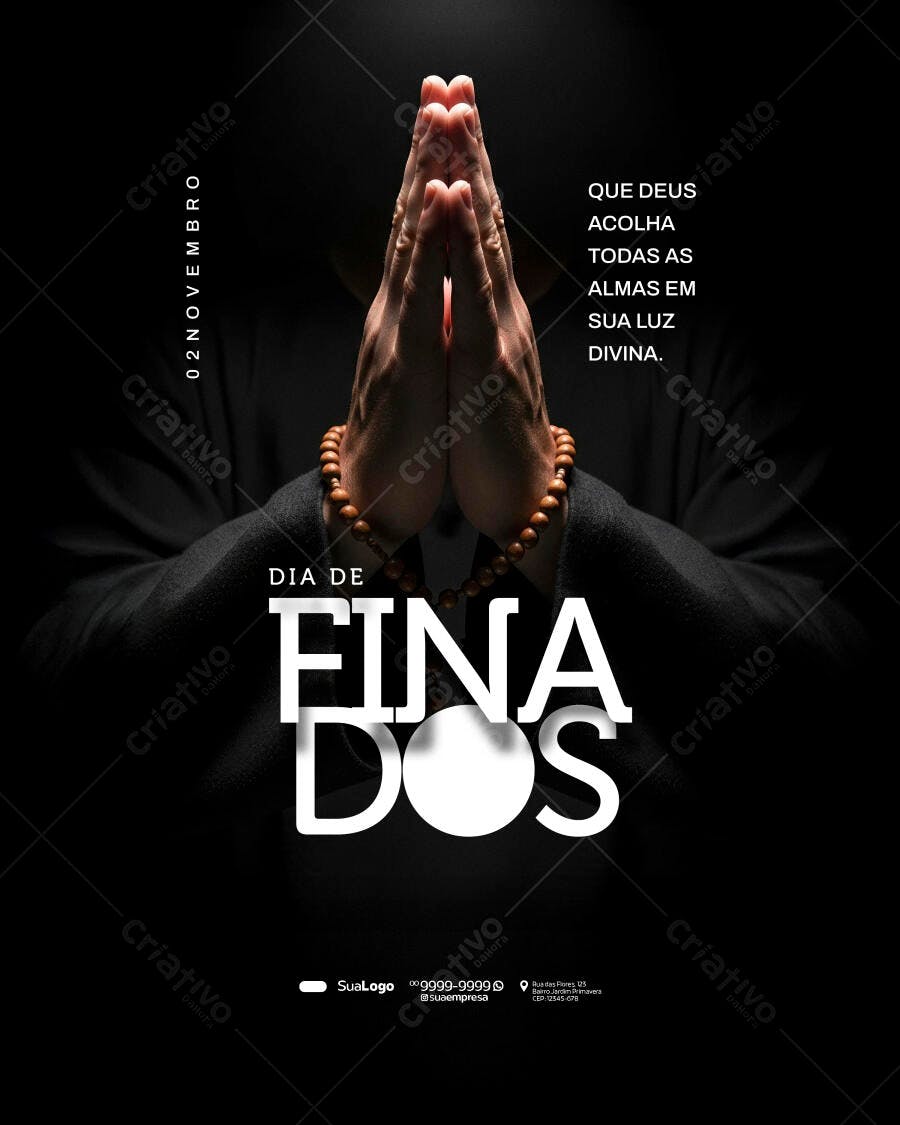 Flyer Dia de Finados com Mãos em Oração e Contas PSD Editável
