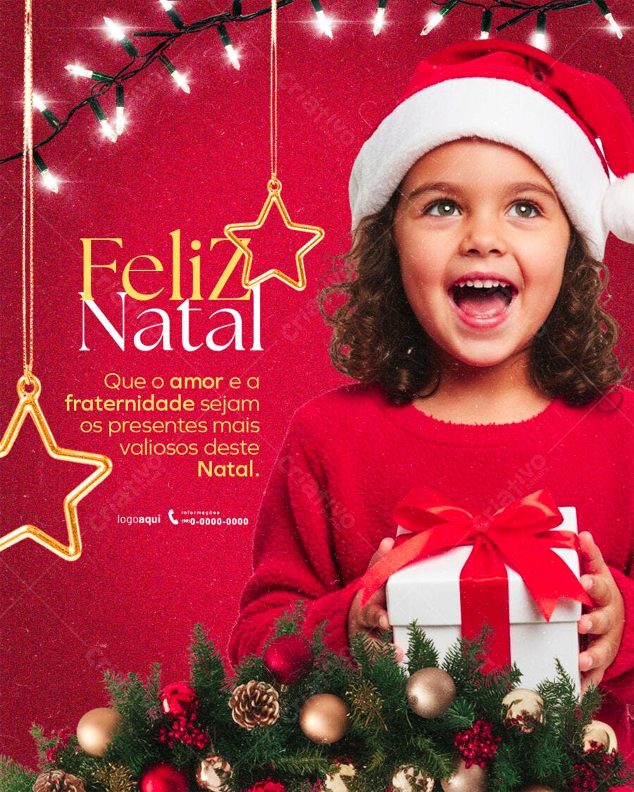 Flyer de Natal Feliz com Menina e Presente PSD Editável