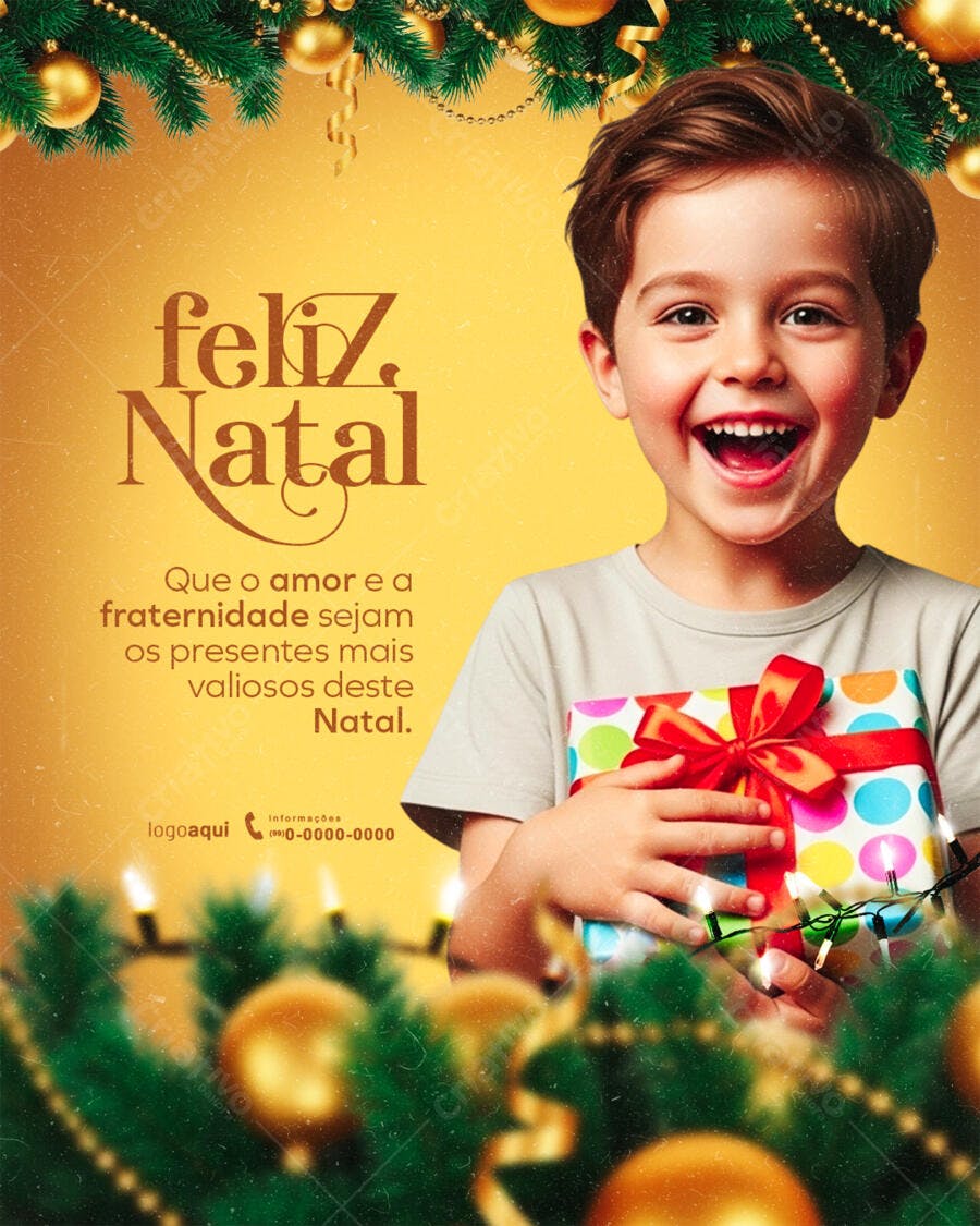 Flyer de Natal com Menino Feliz e Presente PSD Editável