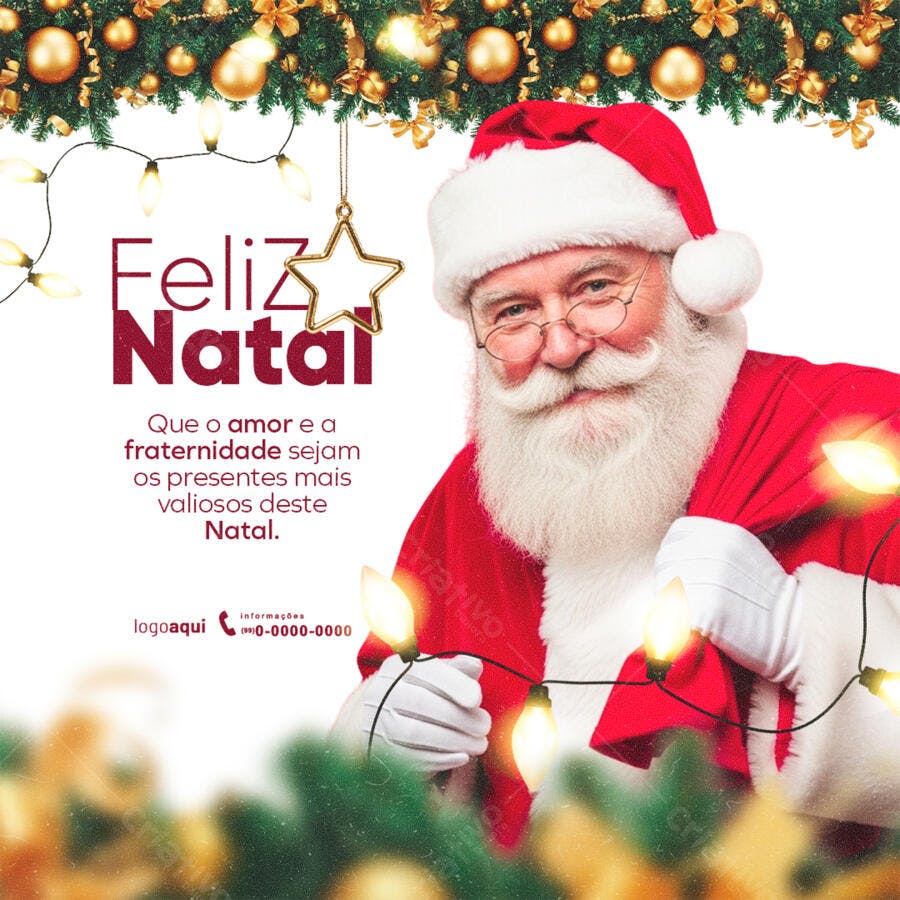 Post Redes Sociais Natal Papai Noel Luzes Douradas PSD Editável
