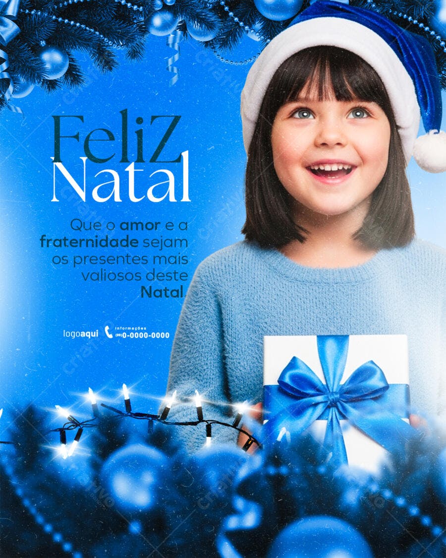 Flyer Azul Feliz Natal Menina Sorrindo Psd Editável
