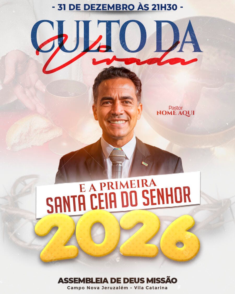 Flyer Culto da Virada e Santa Ceia do Senhor 2026 PSD Editável