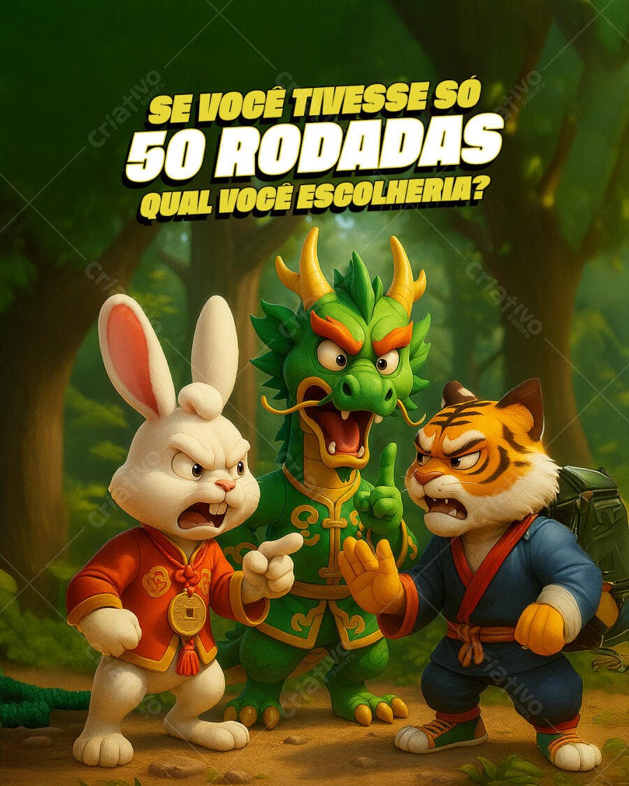 Flyer Desafio 50 Rodadas Coelho Dragão Tigre PSD Editável