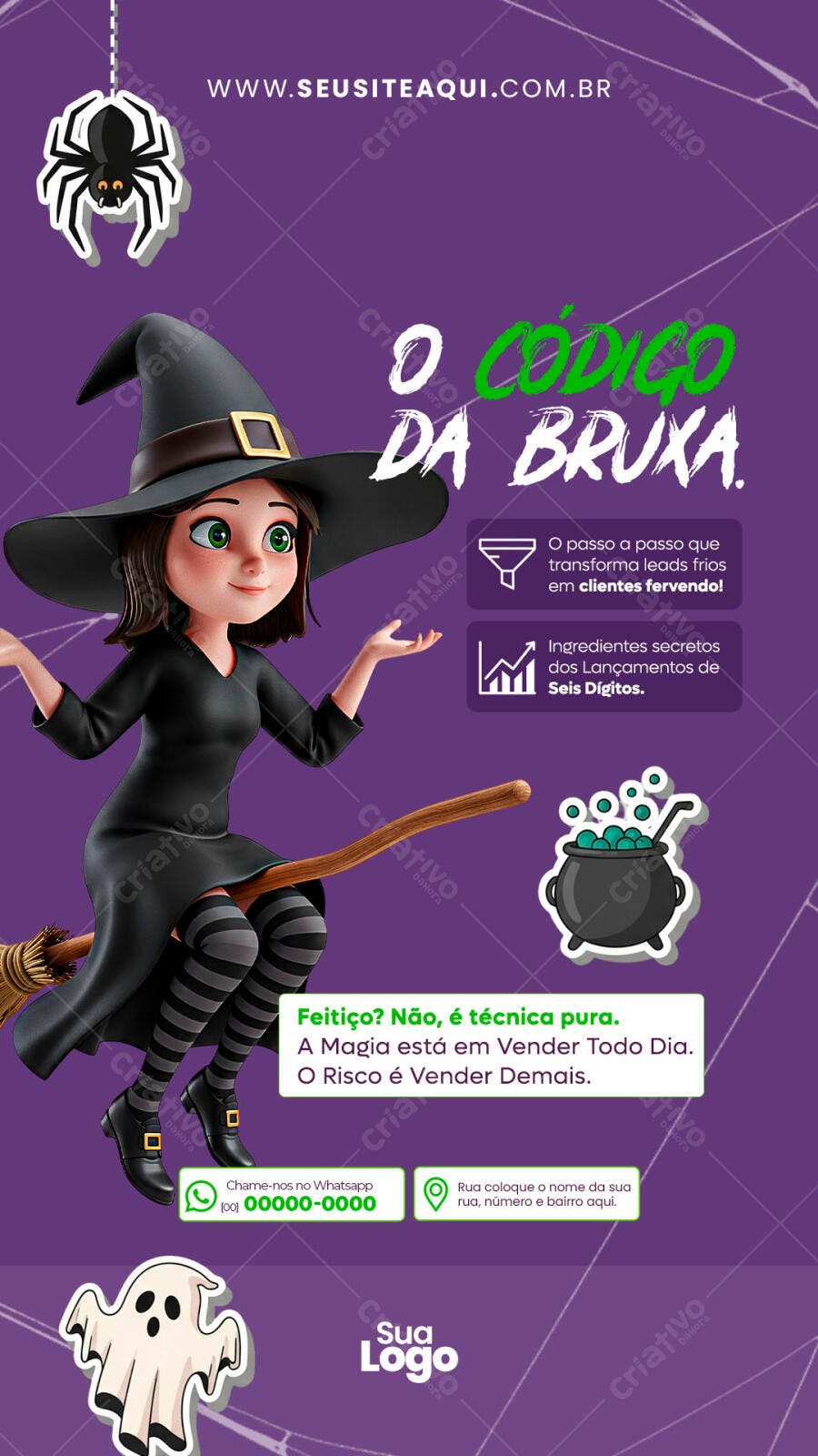 Flyer Digital O Código da Bruxa Marketing Vendas PSD Editável