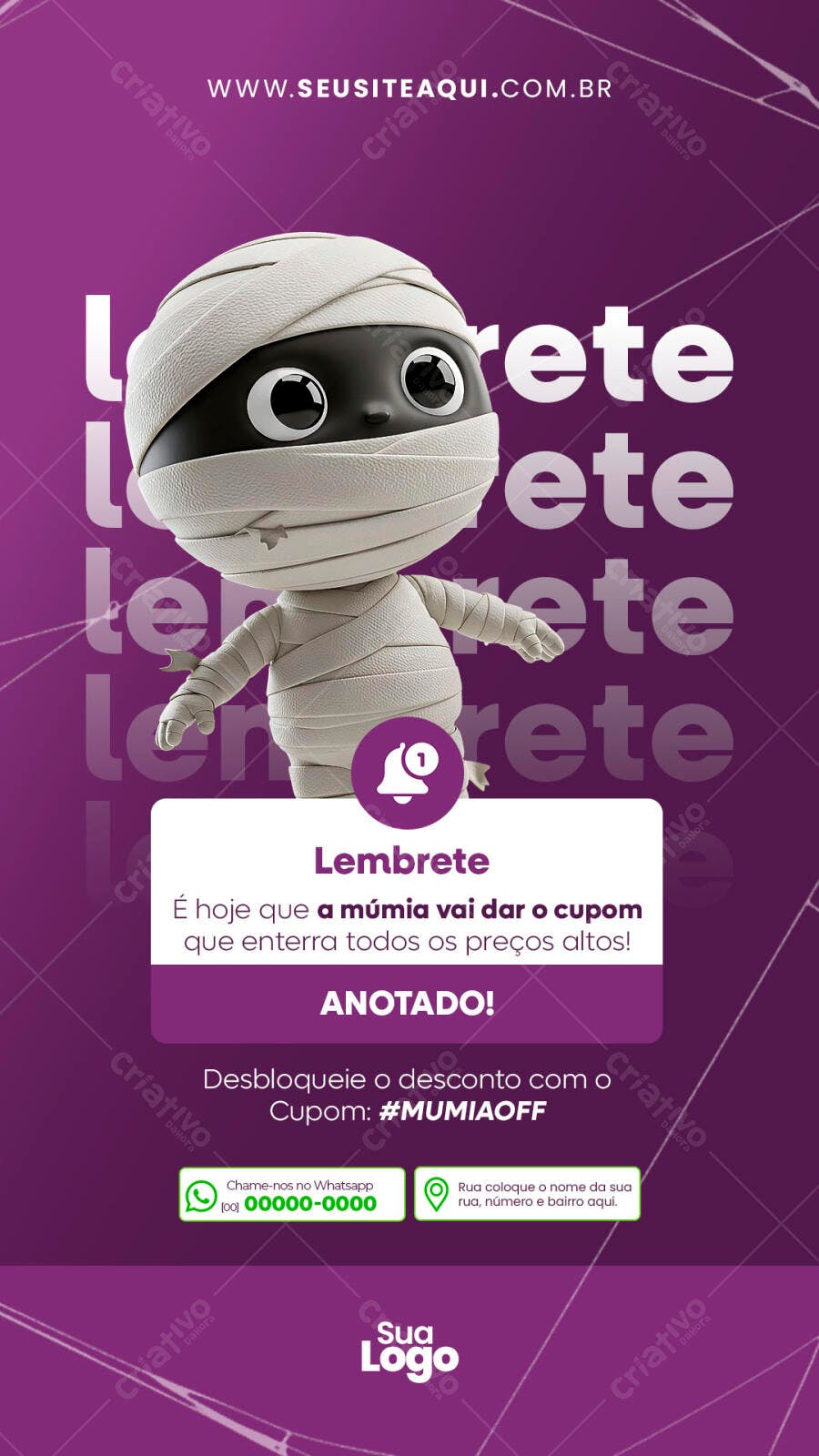 Flyer Lembrete Promoção Múmia com Cupom PSD Editável
