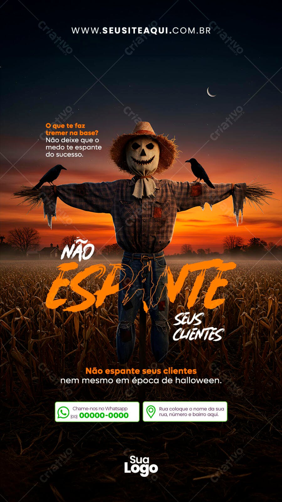 Flyer para Marketing de Halloween com Espantalho e Corvos Psd Editável