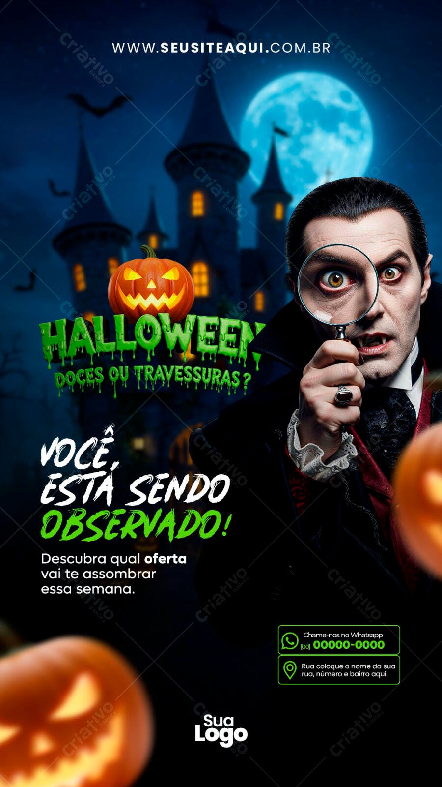 Flyer para Halloween com Vampiro e Lupa PSD Editável