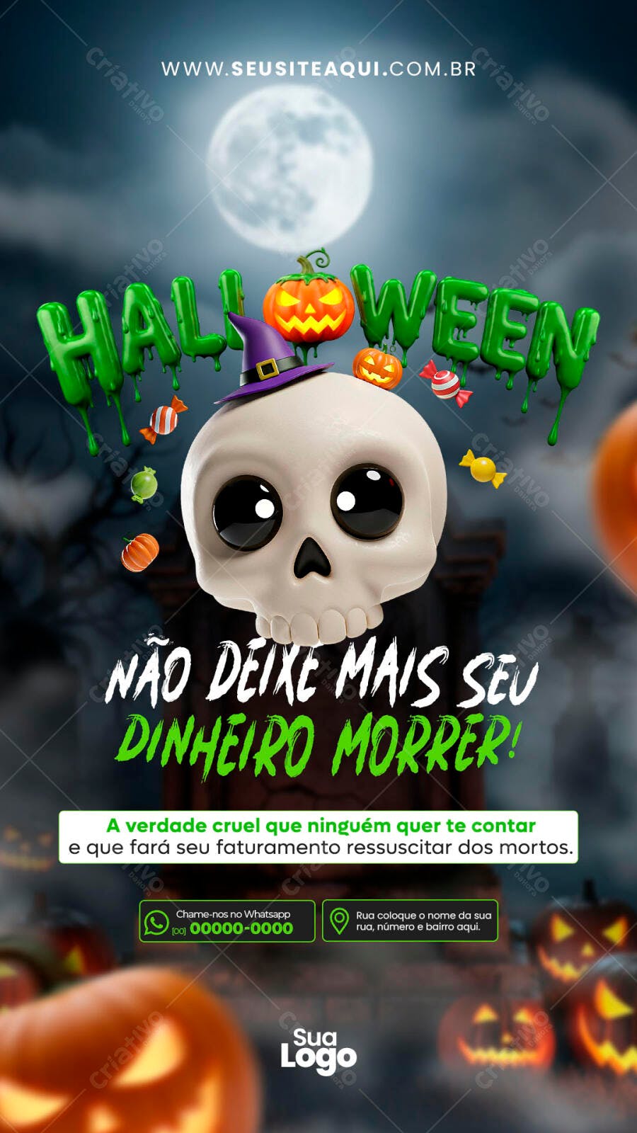 Flyer Halloween Crânio Abóboras para Negócios Psd Editável