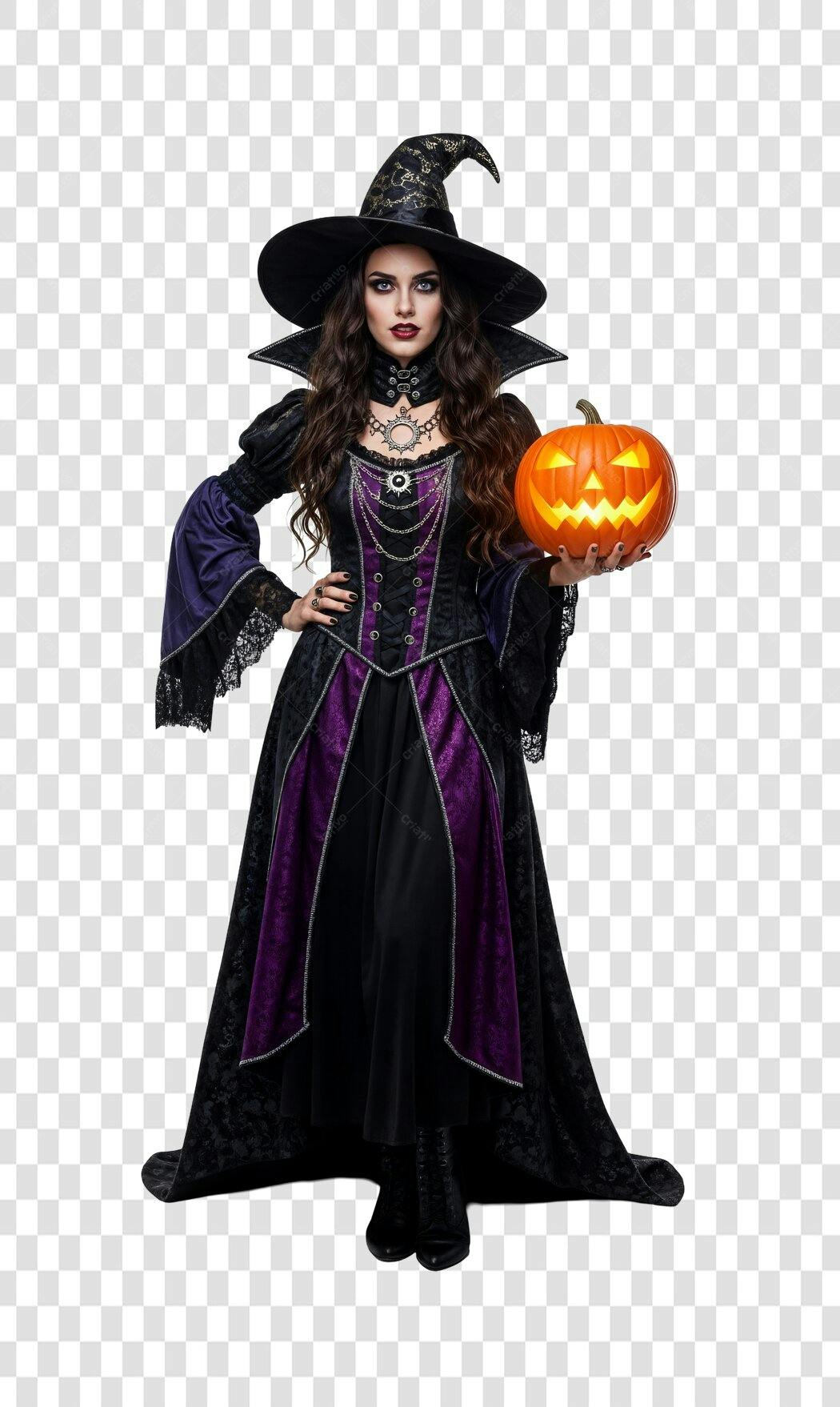Gráfico Halloween Bruxa Morena Elegante com Abóbora Iluminada PNG com fundo transparente