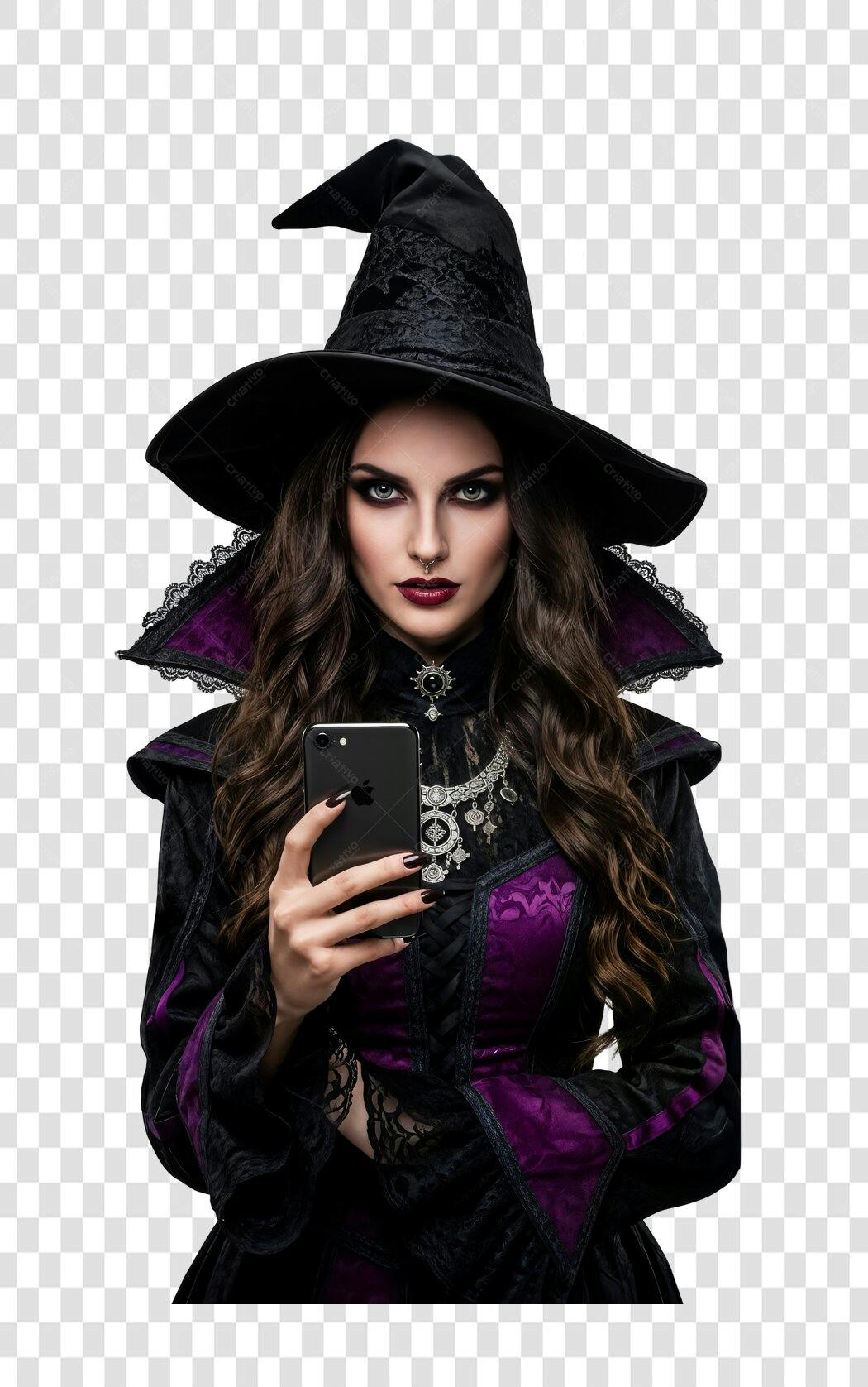 Imagem Mulher Bruxa Moderna com Celular Halloween PNG com fundo transparente