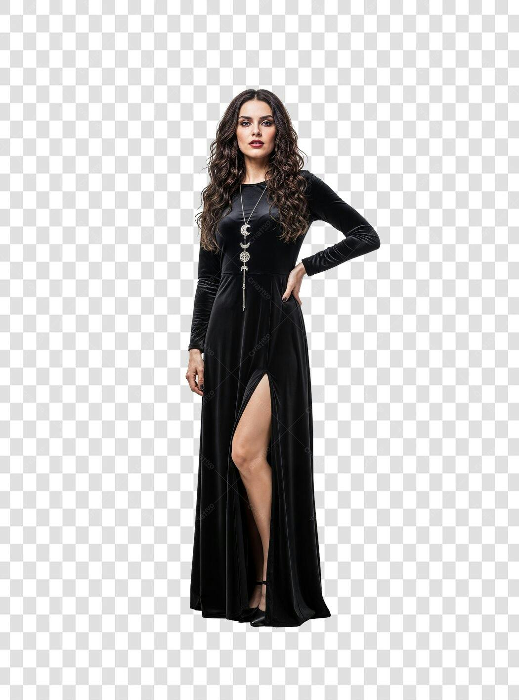 Modelo Feminina Vestido Preto Elegante para Marketing PNG com fundo transparente