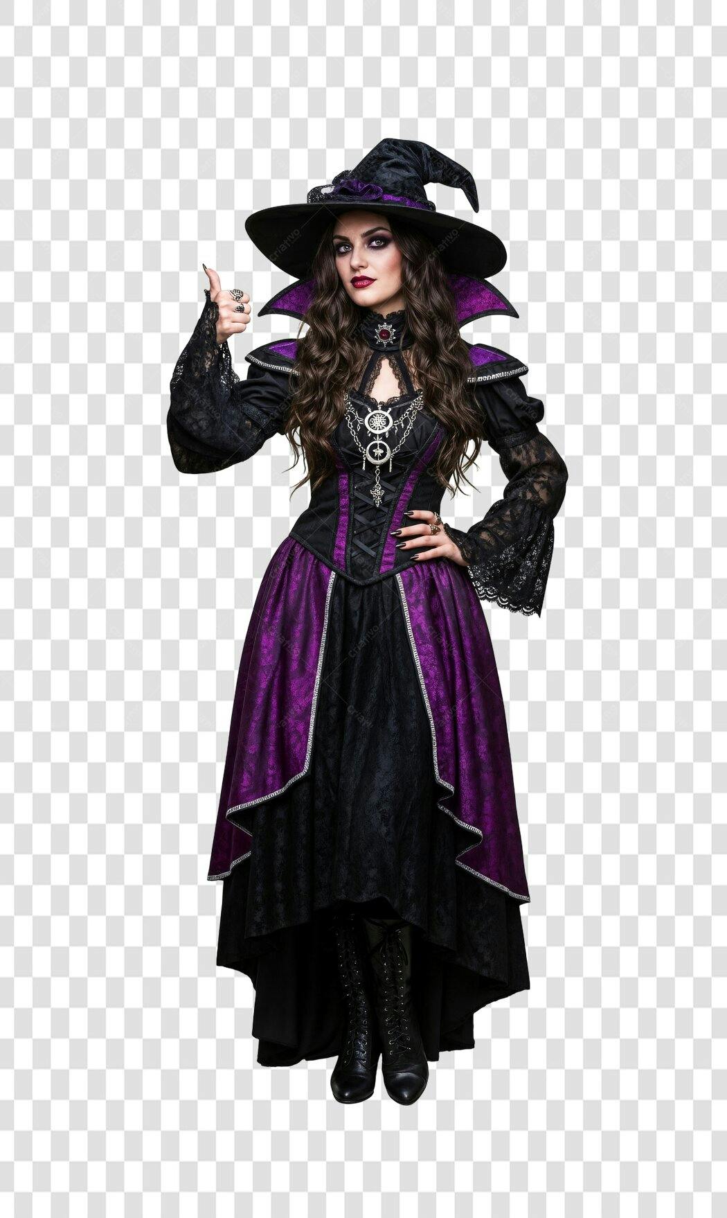 Personagem Bruxa Elegante Roxo e Preto com Polegar para Cima Halloween PNG com fundo transparente