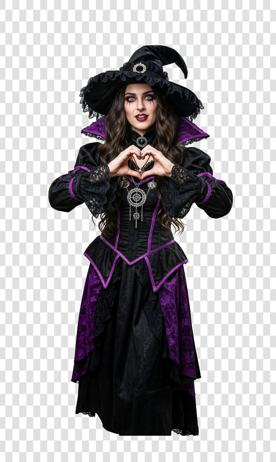 Personagem Bruxa Gótica para Halloween com Coração PNG com fundo transparente