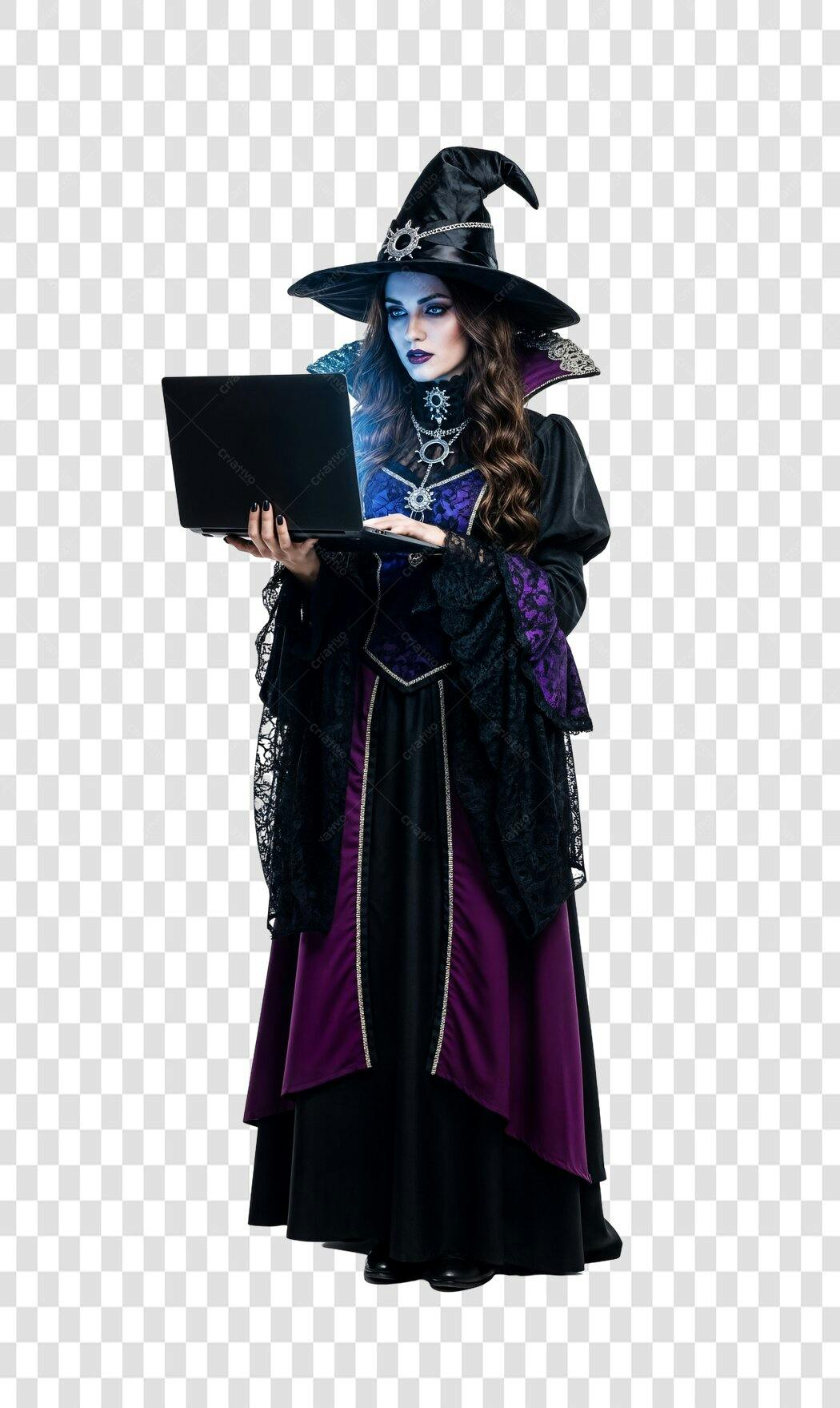 Personagem Bruxa Moderna com Laptop para Halloween Digital Roxo Preto PNG com fundo transparente