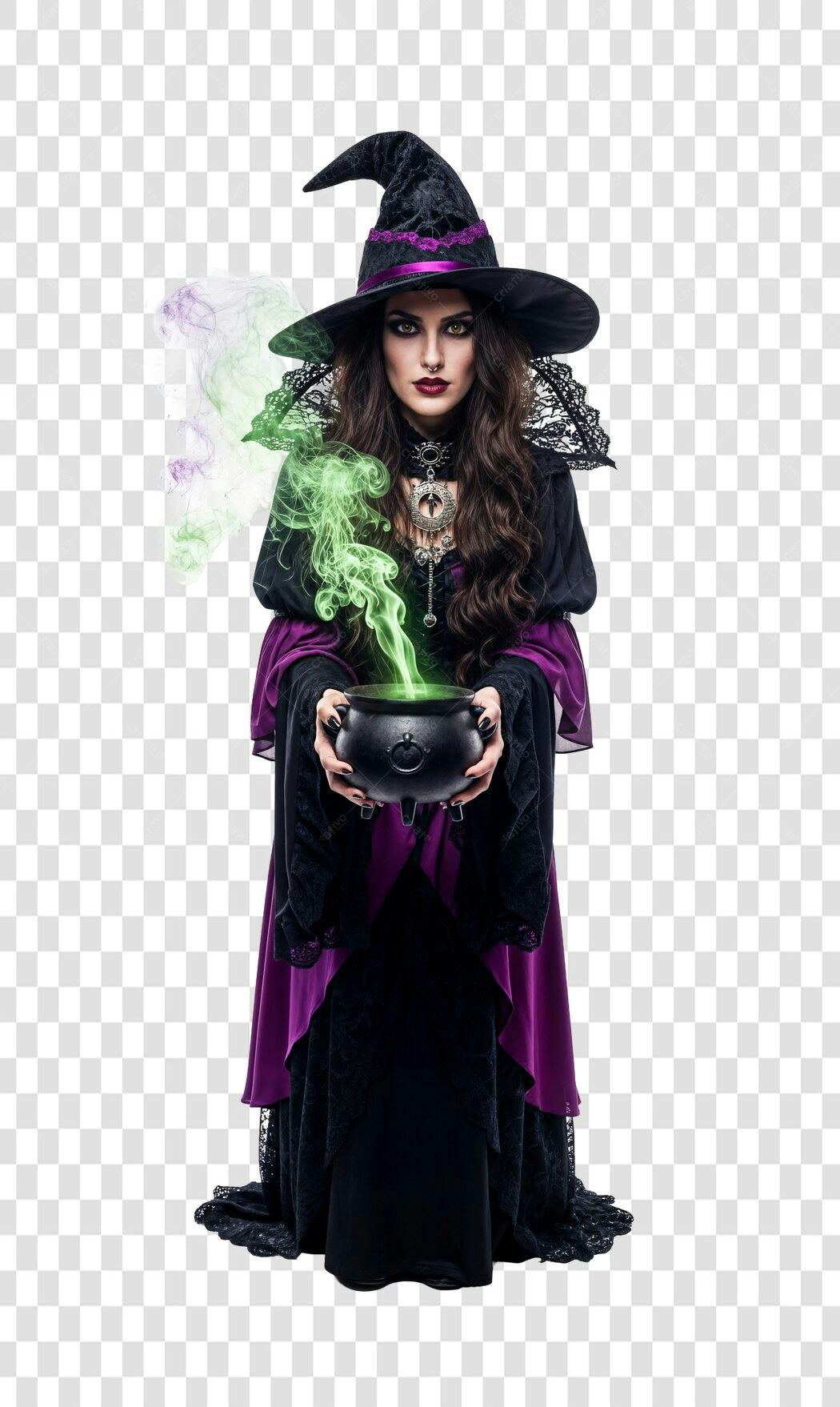 Imagem Halloween Bruxa elegante caldeirão fumaça verde PNG com fundo transparente