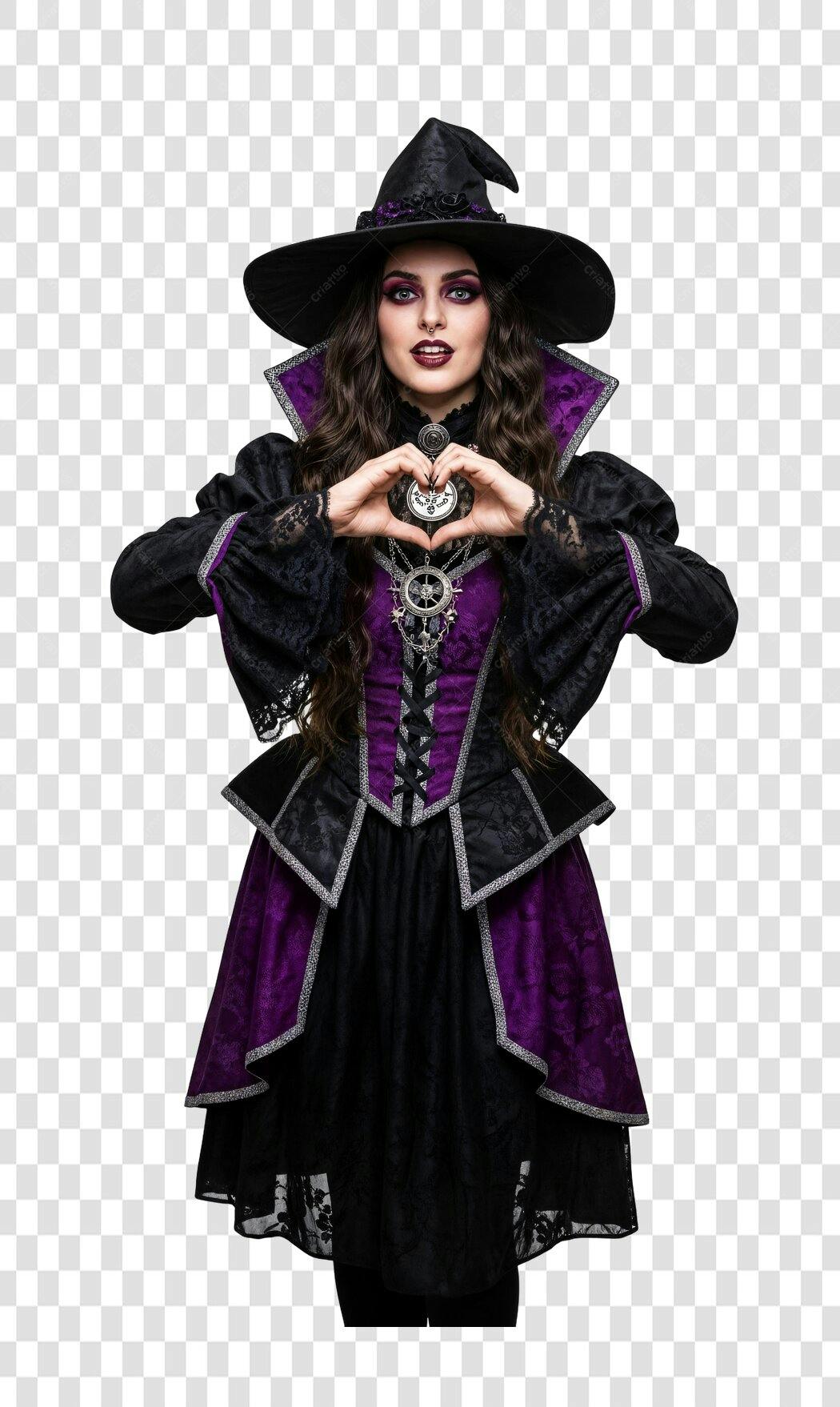 Personagem Mulher Bruxa Gótica para Halloween Vestido Roxo Preto PNG com fundo transparente