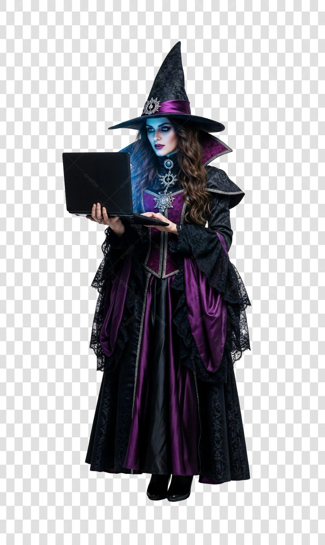 Imagem para Halloween Bruxa Moderna com Laptop Preto e Roxo PNG com fundo transparente