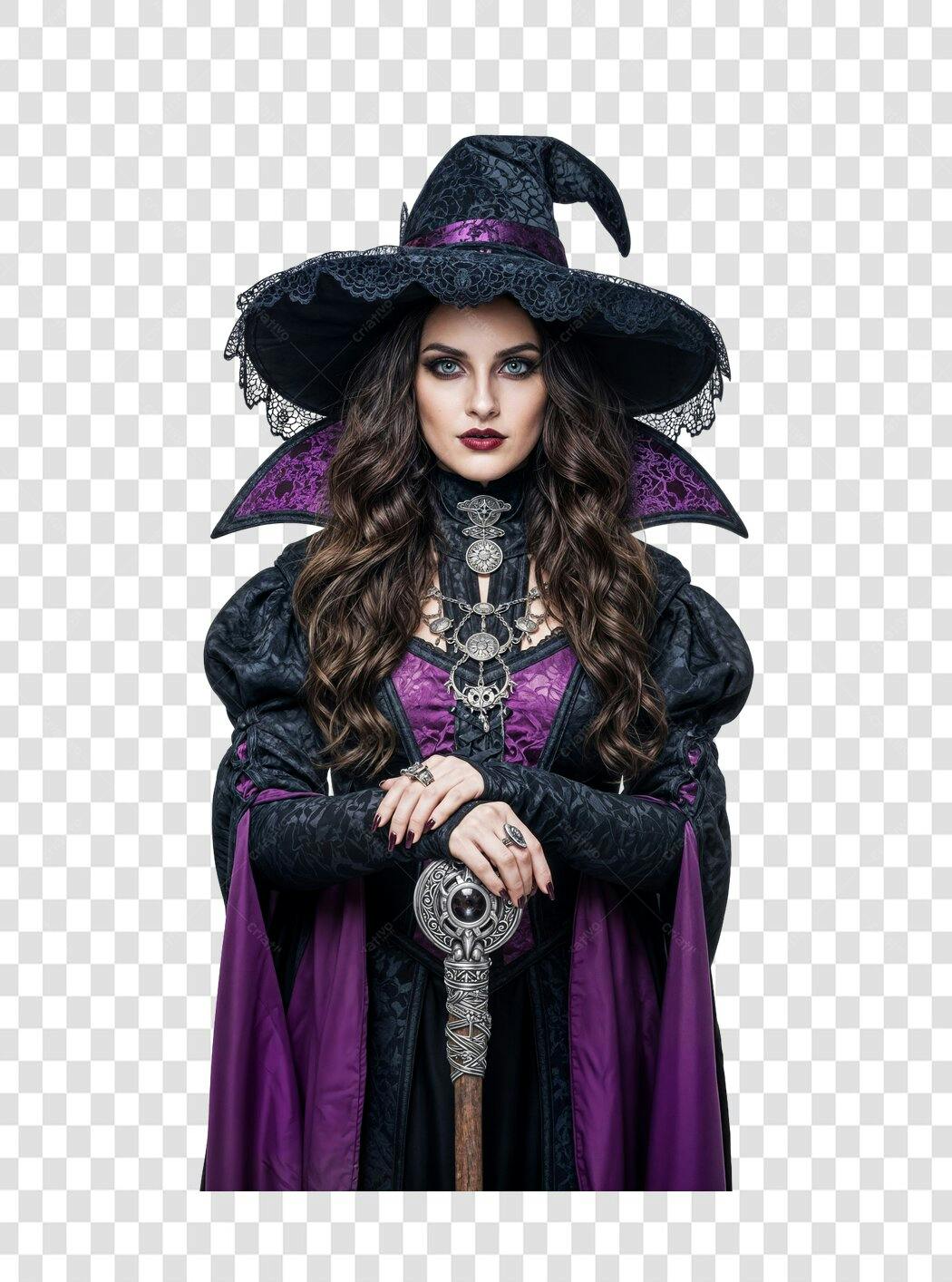 Ilustração Mulher Bruxa Gótica Halloween Preto Roxo Cajado PNG com fundo transparente