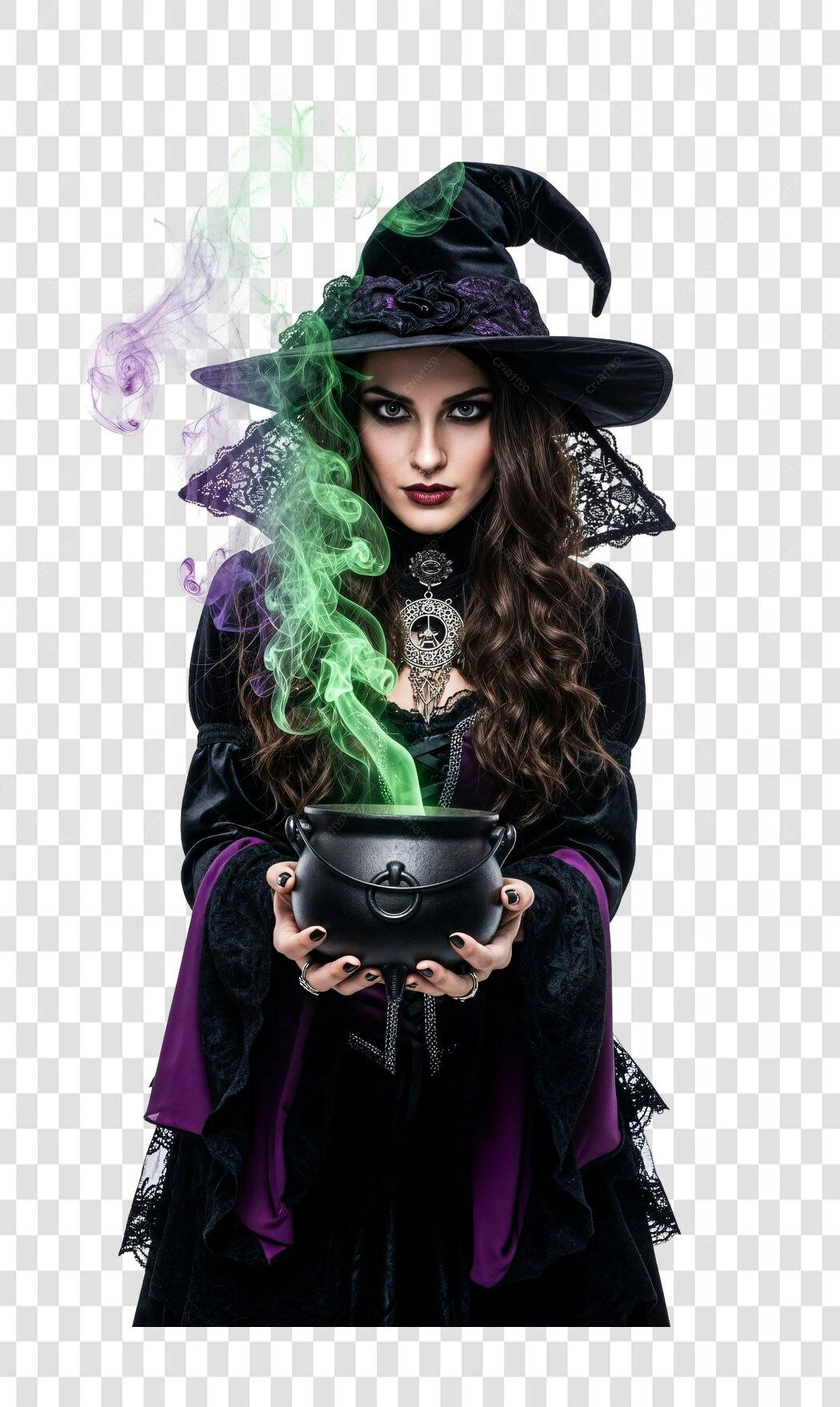 Personagem Feiticeira Halloween Vestido Preto Roxo Caldeirão Fumaça Verde PNG com fundo transparente