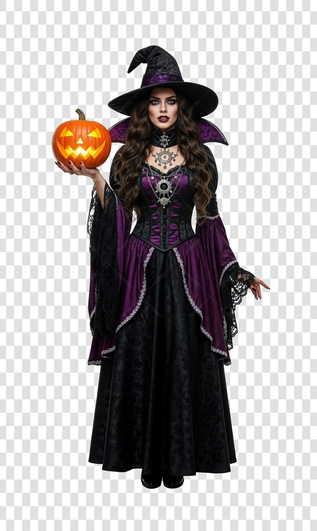 Imagem para Halloween Bruxa Elegante com Abóbora Lilás e Preto PNG com fundo transparente