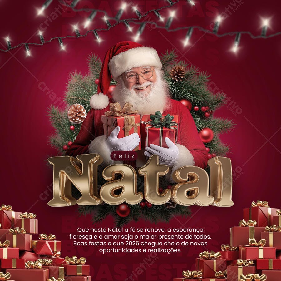 Post Redes Sociais Feliz Natal Papai Noel e Ano Novo 2026 PSD Editável