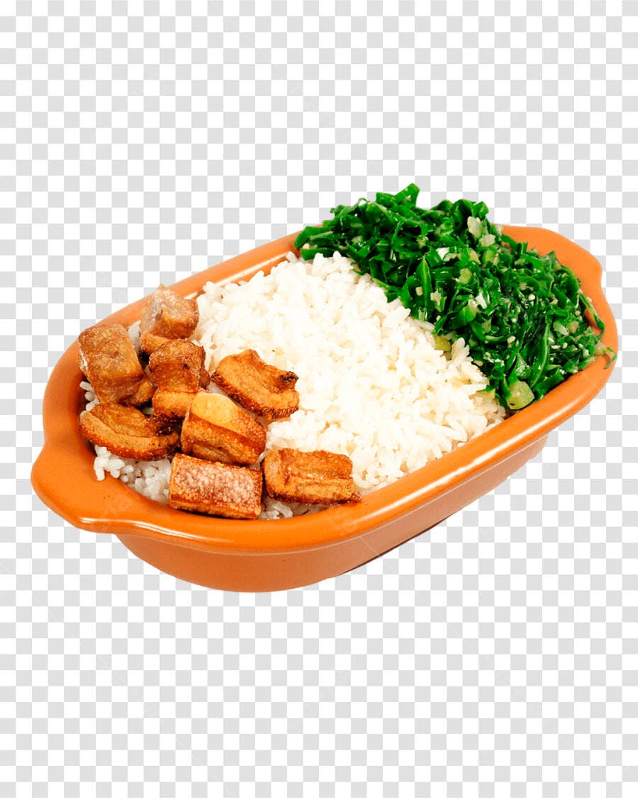 Imagem de Prato Típico Brasileiro Arroz Couve e Torresmo PNG com fundo transparente