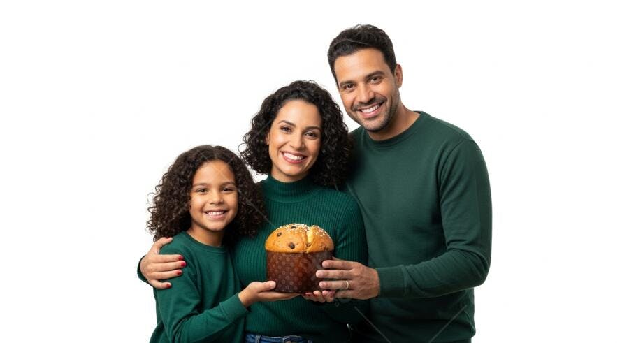 Família de etnia mista sorrindo de verde segurando panetone festivo para o Natal