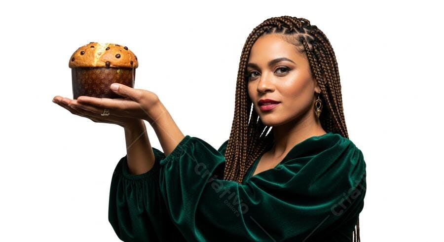 Mulher negra sorrindo segurando panettone de gotas de chocolate em estúdio